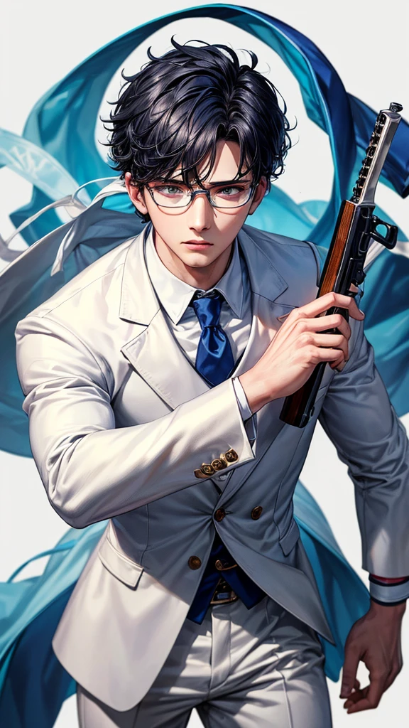 (HD), (ULTRA HD+++),(masterpiece), best quality, {{detailed image}}, half body potrait, {{22 years old man with dark blue short hair}}, wear glasses, white eyes mixed with blue, wearing a white suit, hold assault riffle in his hands, blood stains on his face and on his white suit,white background.
