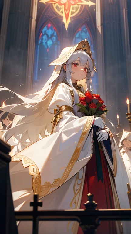 In front of the altar of a majestic church、casting judgement with magic, her voice echoing beautifully. Magic gathers around her, enveloping her in a holy aura as she chants girl with long silver hair, Classic White Wedding Dresses、long white embroidered gloves, ceremonial robes, mass vestments, , enormous puffy sleeves, long cuffs with many buttons, golden embroidery, cross details, Long Train, lots of frills and lace, red capes, gently reaches out to you