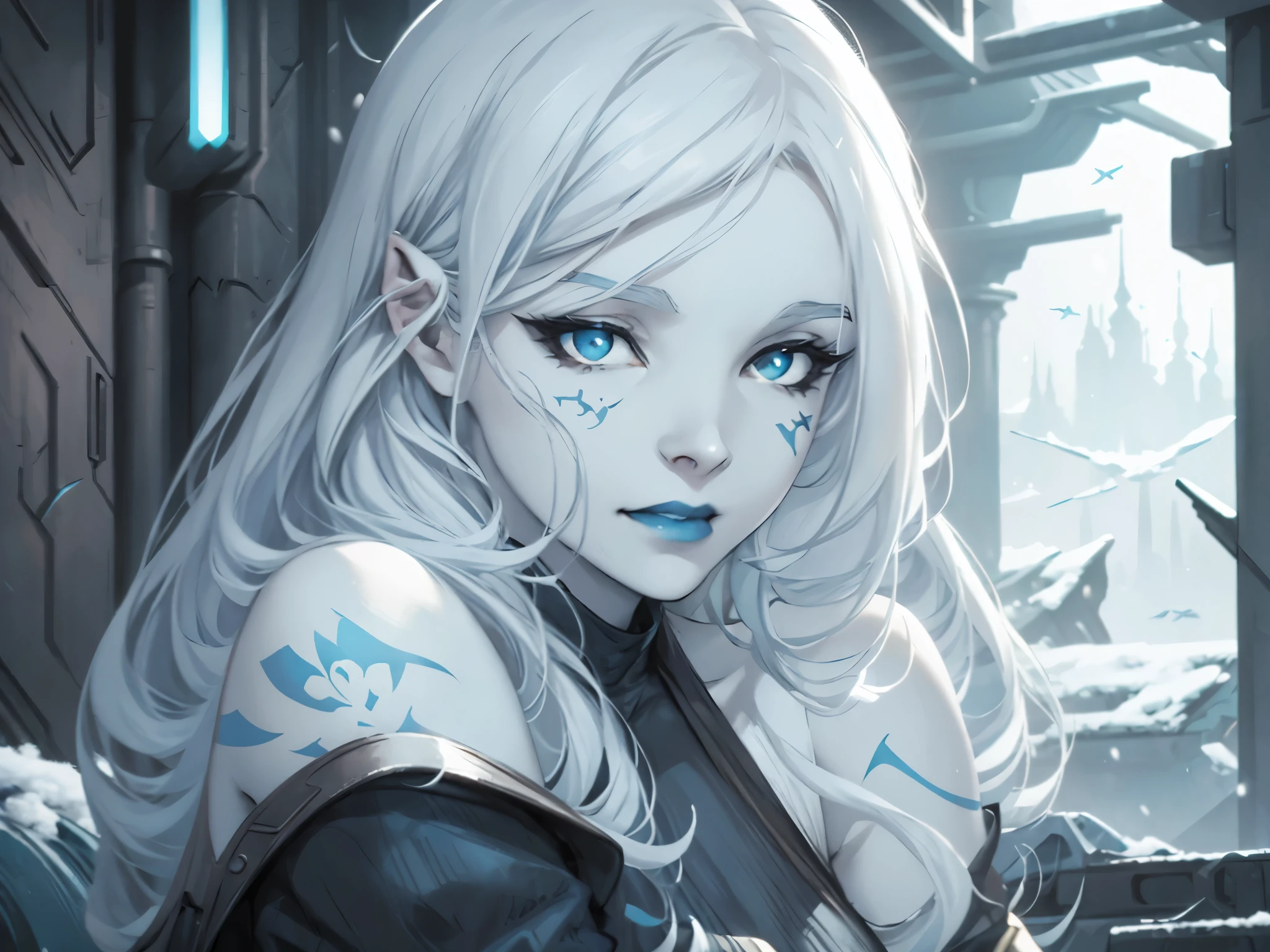 A mysterious Shadow Elf assassin, her skin a deep azure, brandishing a pair of gleaming daggers in a moonlit city, 8k, noir-inspired anime style, high resolution, quick hands, piercing gaze, detailed eyes and hands, shadowy garb, midnight-blue and silver gear, blades ready, silent as a whisper, focused expression, 2D illustration, long white hair, hair like snow, detailed hair, lavender eyes, haunting lavender eyes, detailed eyes, eyes revealing nothing, the silent moon above, stealth, urban rooftops in the background.