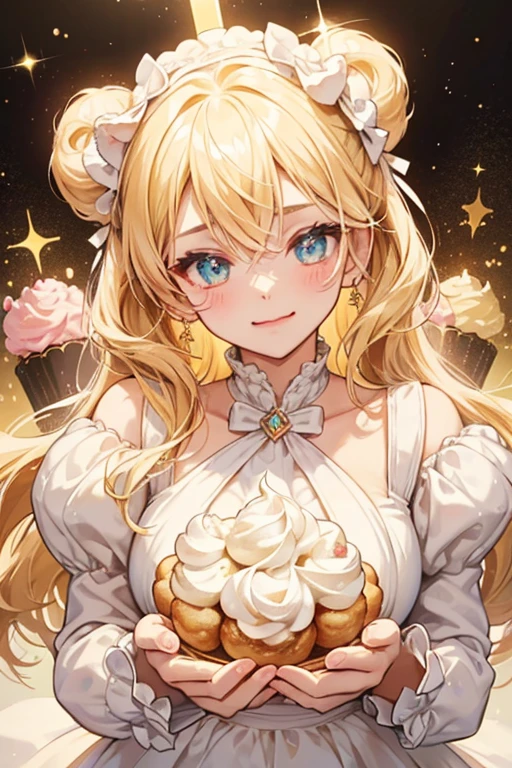 A cream puff with a gold top covered in powdered sugar and bear ears. One ear has a bubblegum bow on the corner, and in the middle is thick vanilla cream. She has a squint-winking eye and no mouth. SPARKLE; GLITTER