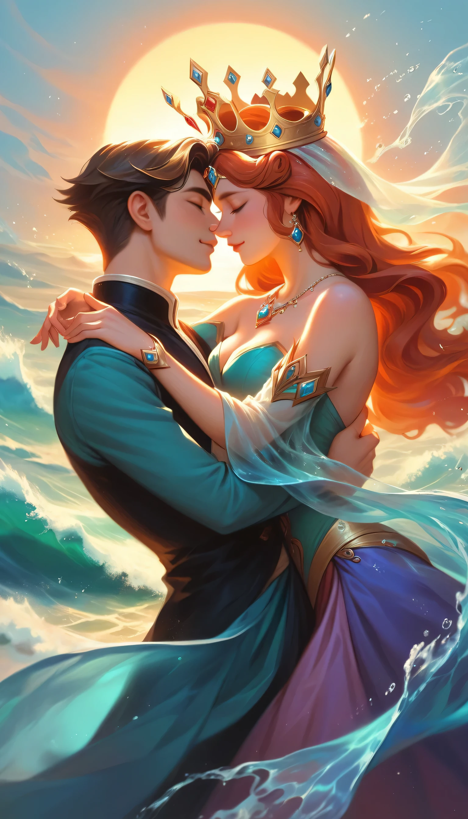 A beautiful glorious woman, 8K Ultra HD, the apple crown 8K Ultra HD, ultra-realistic, In the gentle embrace of the tranquil waters, behold a mesmerizing spectacle - the ripples dancing in perfect harmony, converging into the shape of a crown, Each droplet, like a painter's brushstroke, contributes to this exquisite masterpiece of nature's artistry, The crown-shaped pattern shimmers with a mesmerizing radiance, reflecting the sun's golden hues and the azure of the sky above, As the waves gently caress the shore, the crown's form remains fleeting, yet etched forever in the memories of those fortunate enough to witness this enchanting sight, The water's embrace creates a symbol of love and serenity, reminding us of the profound beauty and magic that nature can bestow upon us, by yukisakura, highly detailed,