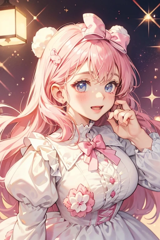 A cream puff bear with no cream in the middle, but with her head covered in pale pink icing, along with a white drizzle. She wears a raspberry bow with a dollop of cream at the middle. She has an excited expression with a tilted, wide opened mouth. SPARKLE; GLITTER
