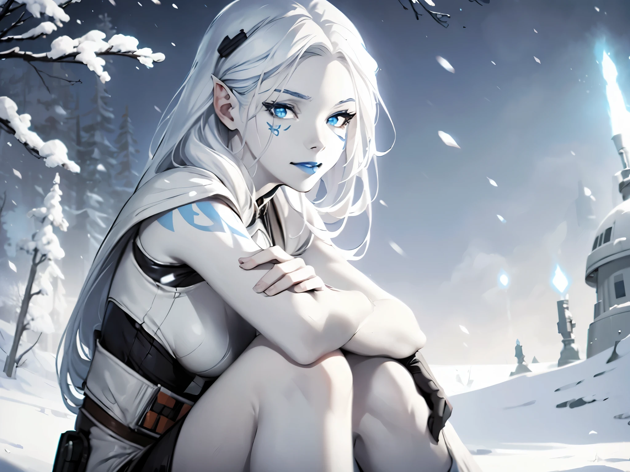 star wars, jarael, pale white skin, long white hair, ((blue lips)), sitting in snow outside, smiling, cute pose