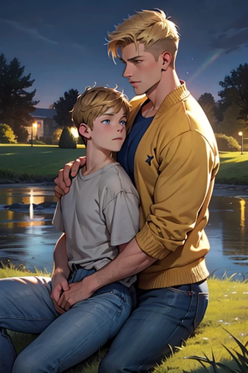 Two men, photo realistic.  A 16-year-old, handsome, lean man with short-cut, blond hair and blue eyes, wearing a brown sweatshirt, and khaki pants, sitting in the lap of a 17-year-old, handsome, athletic, Caucasian man with short, shaved brown hair, and blue eyes, wearing a blue and yellow jersey, and jeans, kissing, groping each other, laying on a grassy field, by a pond in a large city park, at night.  Masculine, erotic, sexy, romantic, love, huge bulge.