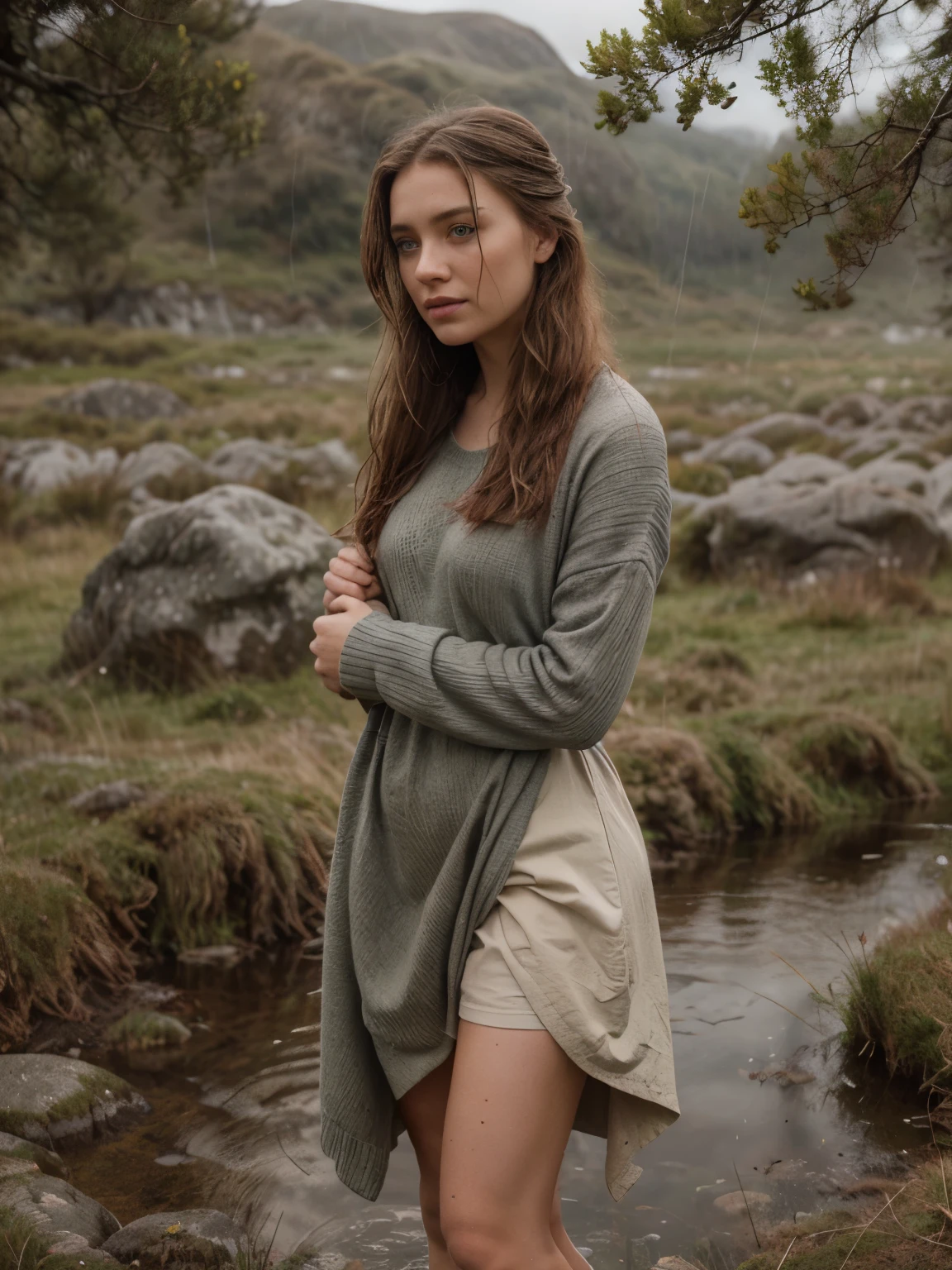 **A vivid and evocative scene featuring a beautiful 14-year-old Irish girl drenched by gentle rain, walking gracefully through the misty Connemara moor. She is dressed in dirty, torn clothes, including a long Irish dress and a sweater, with her attire soaked through. The rain-soaked fabric enhances the sensory experience of the scene, with droplets clinging to her and creating a texture of wetness. The ethereal ambiance of the moor and her resilient yet graceful presence amidst the natural beauty of the landscape are captured with enchanting allure. Her wavy ginger hair, shoulder-length and tousled by the wind, frames her face, while her gray eyes and pale skin with light freckles add to the mystical Irish vibe. The detailed setting includes muddy ground, scattered rocks, mist, and raindrops on leaves. The stormy sky is overcast with gray clouds, and the Connemara mountains provide a dramatic backdrop. The scene is depicted in high detail with natural lighting, capturing the complex textures and atmosphere of the moor, featuring wet grass, puddles, and peaty soil. The color palette includes gray, green, brown, white, black, yellow, blue, purple, red, orange, and tan, reflecting the varied natural elements like moss, heather, bracken broom, gorse, granite, quartz, and schist.** - Dirty, torn clothes - Long Irish dress - Sweater - Wet fabric - Mud - Rocks - Mist - Rain droplets - Moss - Heather - Grass - Puddles - Raindrops on leaves - Stormy sky - Wet hair - Damp earth - Gray clouds - Overcast - Mountain slopes - Rolling hills - Stone walls - Peaty soil - Bracken broom - Gorse - Granite - Quartz - Schist - Gray - Green - Brown - White - Black - Yellow - Blue - Purple - Red - Orange - Tan