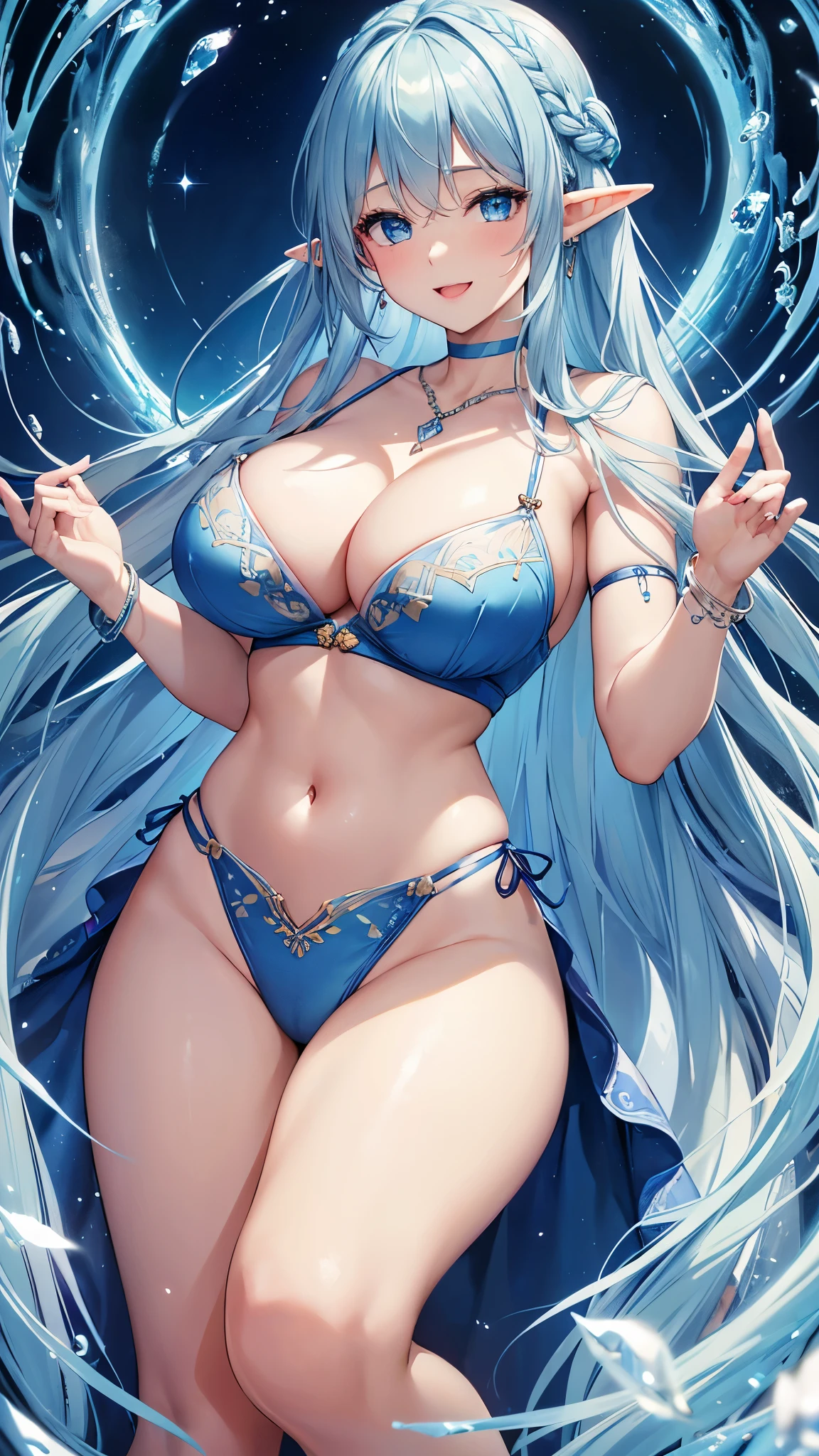 Highest quality、Highest quality、masterpiece、(8k resolution),beauty(Age 25)、(Mature Appearance)、Light blue long hair(Braiding of sides)、blue eyes、(Blue underwear with detailed embroidery)、(Elf)、Big cleavage、((Very large breasts))、smile、blue necklace、Blue Earrings、background(ice)、Please open your mouth wide、bracelet、Dynamic pose、Blue choker、