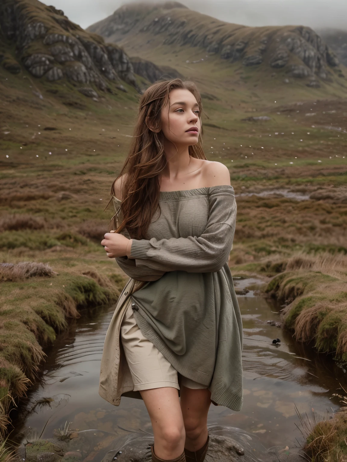 **A vivid and evocative scene featuring a beautiful 14-year-old Irish girl drenched by gentle rain, walking gracefully through the misty Connemara moor. She is dressed in dirty, torn clothes, including a long Irish dress and a sweater, with her attire soaked through. The rain-soaked fabric enhances the sensory experience of the scene, with droplets clinging to her and creating a texture of wetness. The ethereal ambiance of the moor and her resilient yet graceful presence amidst the natural beauty of the landscape are captured with enchanting allure. Her wavy ginger hair, shoulder-length and tousled by the wind, frames her face, while her gray eyes and pale skin with light freckles add to the mystical Irish vibe. The detailed setting includes muddy ground, scattered rocks, mist, and raindrops on leaves. The stormy sky is overcast with gray clouds, and the Connemara mountains provide a dramatic backdrop. The scene is depicted in high detail with natural lighting, capturing the complex textures and atmosphere of the moor, featuring wet grass, puddles, and peaty soil. The color palette includes gray, green, brown, white, black, yellow, blue, purple, red, orange, and tan, reflecting the varied natural elements like moss, heather, bracken broom, gorse, granite, quartz, and schist.** - Dirty, torn clothes - Long Irish dress - Sweater - Wet fabric - Mud - Rocks - Mist - Rain droplets - Moss - Heather - Grass - Puddles - Raindrops on leaves - Stormy sky - Wet hair - Damp earth - Gray clouds - Overcast - Mountain slopes - Rolling hills - Stone walls - Peaty soil - Bracken broom - Gorse - Granite - Quartz - Schist - Gray - Green - Brown - White - Black - Yellow - Blue - Purple - Red - Orange - Tan