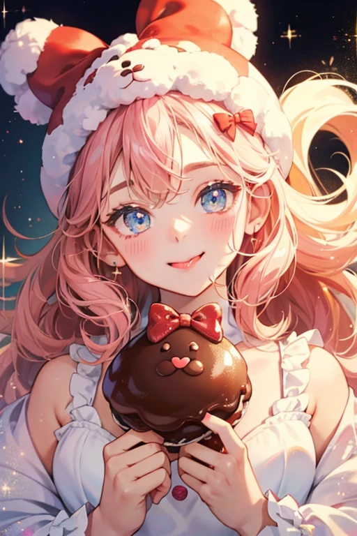 A chocolate cream puff bear with no cream in the middle, but covering her head is toasty vanilla cream or icing and a red bow. She sticks her tongue out from her sideways smile, and she has pink cheeks. SPARKLE; GLITTER