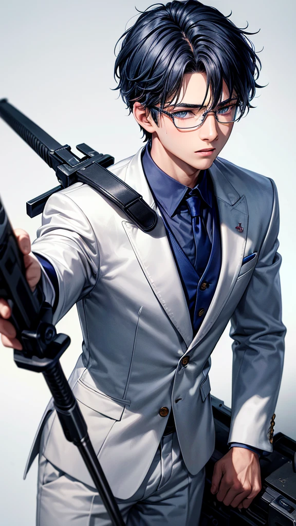 (HD), (ULTRA HD+++),(masterpiece), best quality, {{detailed image}}, half body potrait, {{18 years old boy with dark blue short hair}}, wear glasses, white eyes mixed with blue, wearing a white suit, hold assault riffle in his hands, blood stains on his face and on his white suit,white background.
