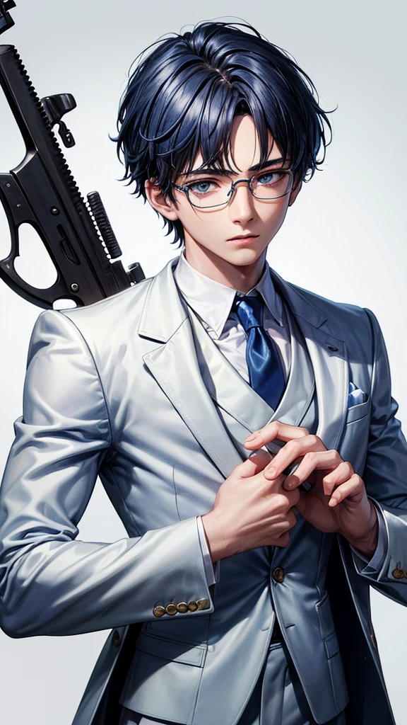 (HD), (ULTRA HD+++),(masterpiece), best quality, {{detailed image}}, half body potrait, {{18 years old boy with dark blue short hair}}, wear glasses, white eyes mixed with blue, wearing a white suit, hold assault riffle in his hands, blood stains on his face and on his white suit,white background.