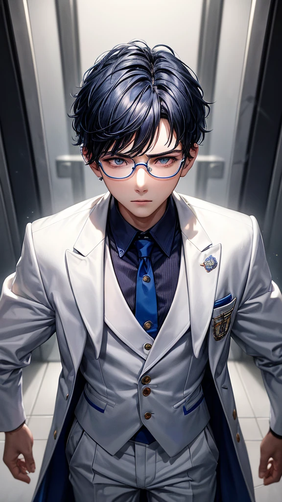 (HD), (ULTRA HD+++),(masterpiece), best quality, {{detailed image}}, half body potrait, {{18 years old boy with dark blue short hair}}, wear glasses, white eyes mixed with blue, wearing a white suit, hold ault riffle in his hands, blood stains on his face and on his white suit,white background.