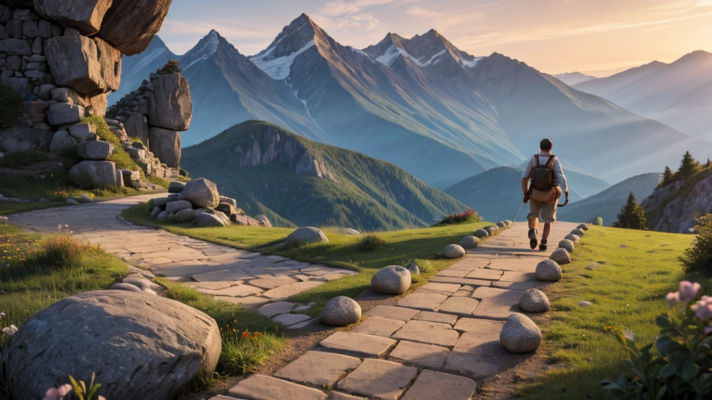 A man carrying small stones, gradually building a pathway or a mountain, symbolizing the slow but steady progress of discipline