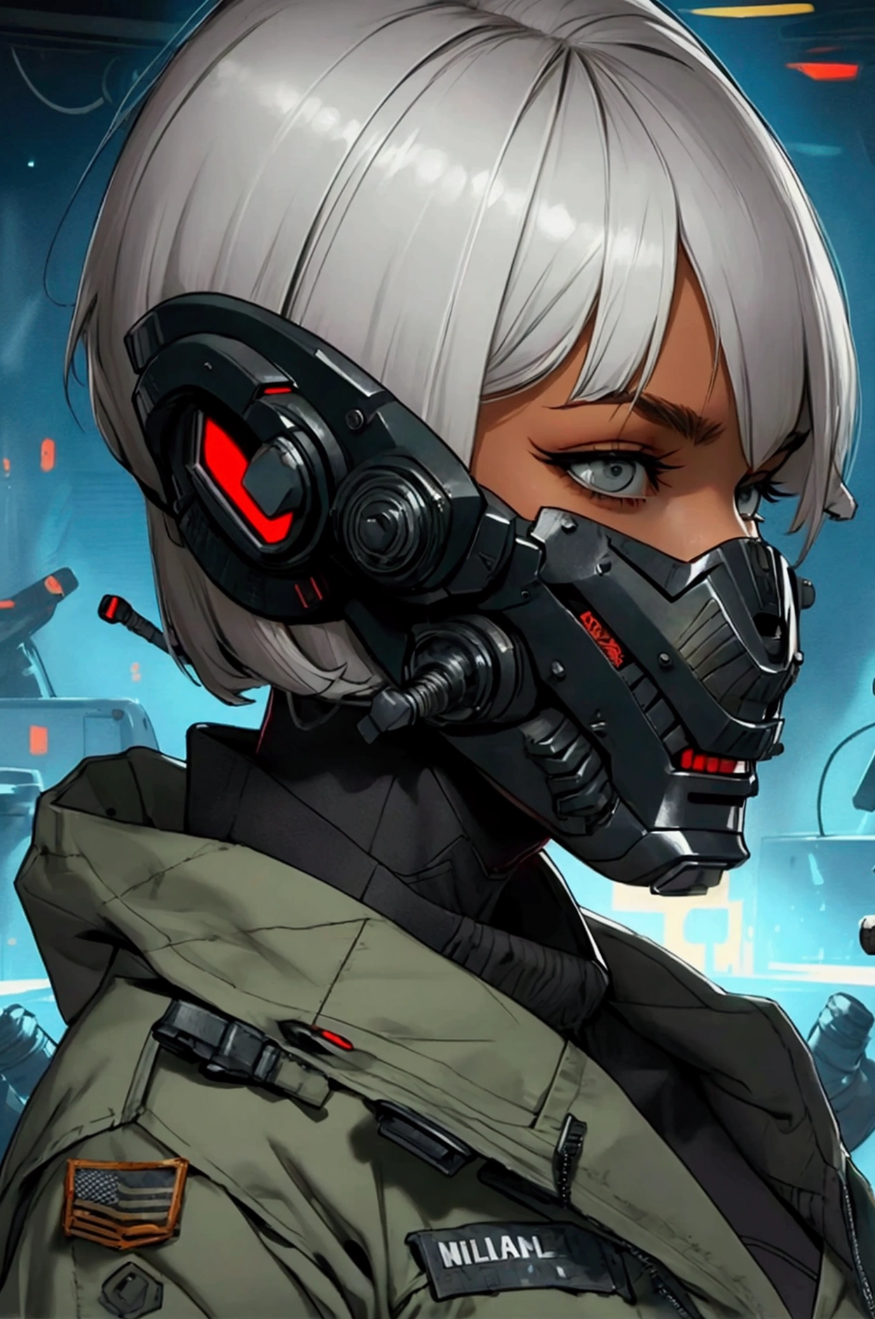 woman, mask, short hair, muscular, black military clothing, sci-fi, futuristic, science fiction,