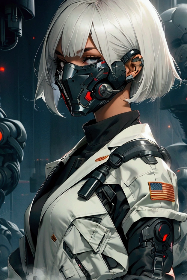 woman, mask, short hair, muscular, black military clothing, sci-fi, futuristic, science fiction,