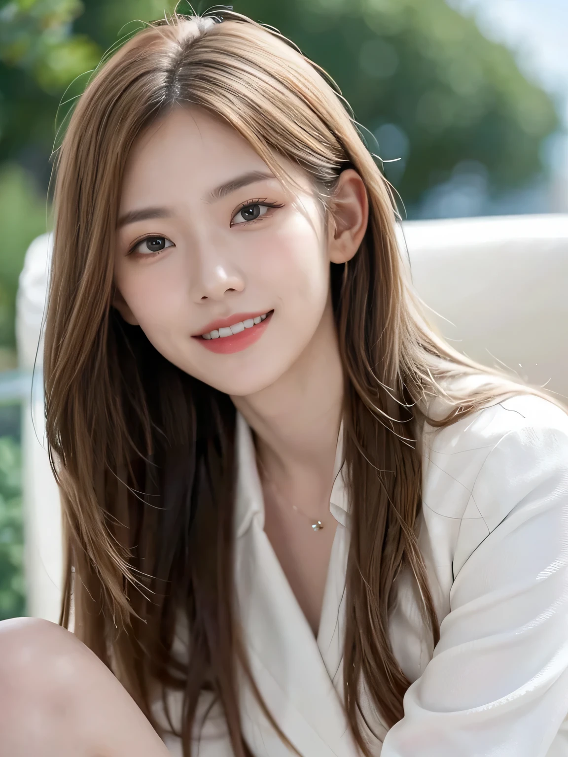 (8,000; Best Quality: 1.2), (Realistic, Realistic: 1.2), Lovely, Solo, Sky is Beautiful and Clear, Night, Moisture, Watching the Audience, (Sit: 1.5) Date, Mirai, (Nose Brush), (Smile: 1.15), Delicate eye (Deep Blonde: 1), Floating Hair Nova FrogStyle, White Suit Jacket, Burton T-shirt, Beige Pleats Skirt, Makeup, Lover's Smile, 35 years old, Beautiful (8,000, Yes, RAW Photo: 1.2, Random body orientation,