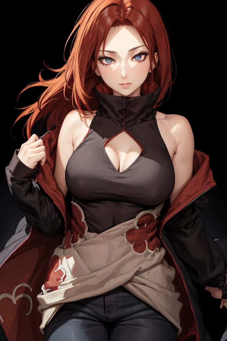 masterpiece, best quality, ultra-high-detailed, red hair, light cerulean eyes, looking to viewer, black background, upper shoulder , manhwa style, age 18, waist shot