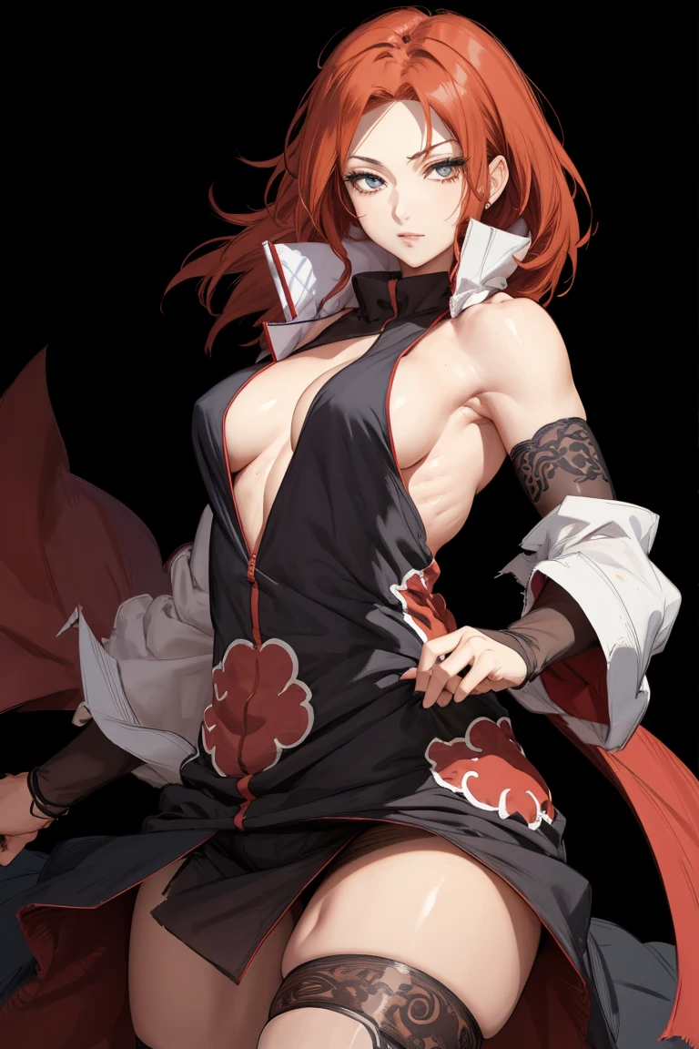 masterpiece, best quality, ultra-high-detailed, red hair, light cerulean eyes, looking to viewer, black background, upper shoulder , manhwa style, age 18, waist shot