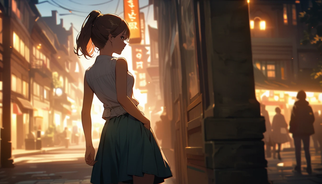 Highly detailed CG Unity 8k wallpaper), In town,Beautiful young woman in sunny weather, Back view,skirt, stand, Brush your hair up、full_body, dramatic, バックLight, Light, Volumetric Lighting, Simple Background、