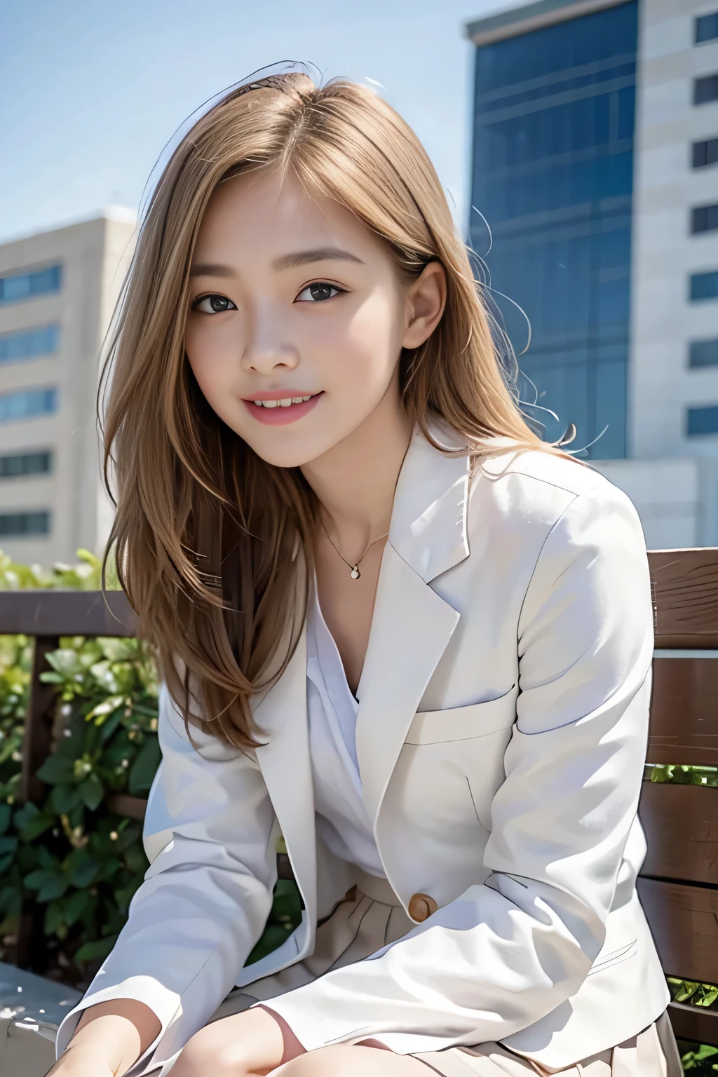 (8,000; Best Quality: 1.2), (Realistic, Realistic: 1.2), Lovely, Solo, Sky is Beautiful and Clear, Night, Moisture, Watching the Audience, (Sit: 1.5) Date, Mirai, (Nose Brush), (Smile: 1.15), Delicate eye (Deep Blonde: 1), Floating Hair Nova FrogStyle, White Suit Jacket, Burton T-shirt, Beige Pleats Skirt, Makeup, Lover's Smile, Beautiful (8,000, Yes, RAW Photo: 1.2, Random body orientation,