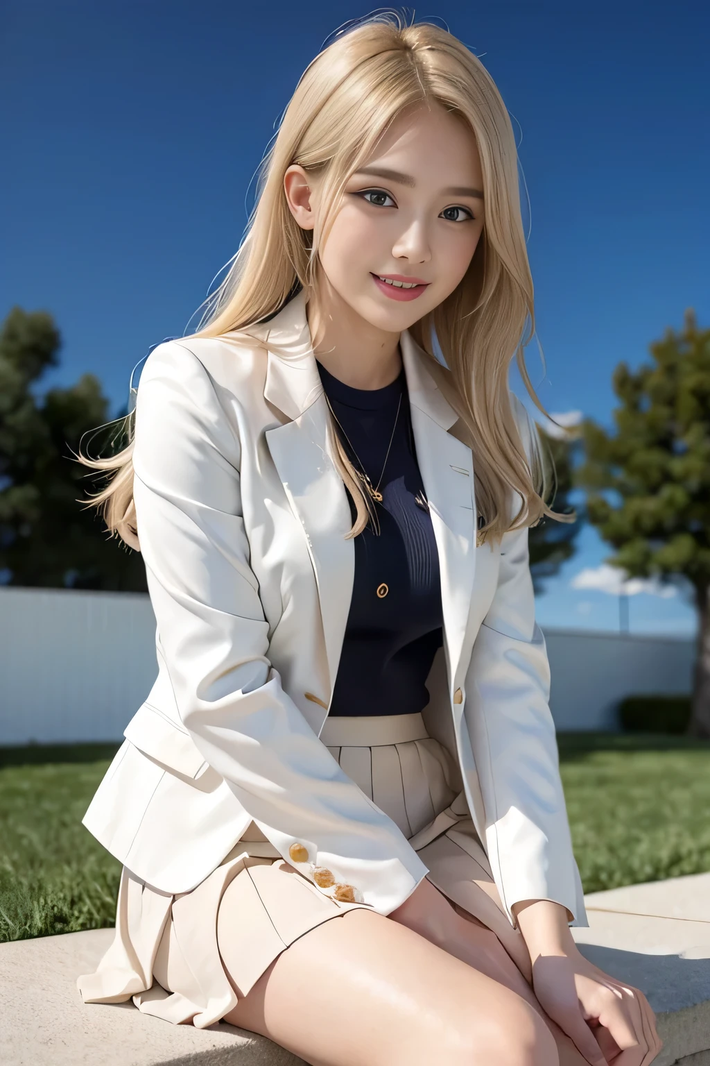 (8,000; Best Quality: 1.2), (Realistic, Realistic: 1.2), Lovely, Solo, Sky is Beautiful and Clear, Night, Moisture, Watching the Audience, (Sit: 1.5) Date, Mirai, (Nose Brush), (Smile: 1.15), Delicate eye (Deep Blonde: 1), Floating Hair Nova FrogStyle, White Suit Jacket, Burton T-shirt, Beige Pleats Skirt, Makeup, Lover's Smile, Beautiful (8,000, Yes, RAW Photo: 1.2, Random body orientation,
