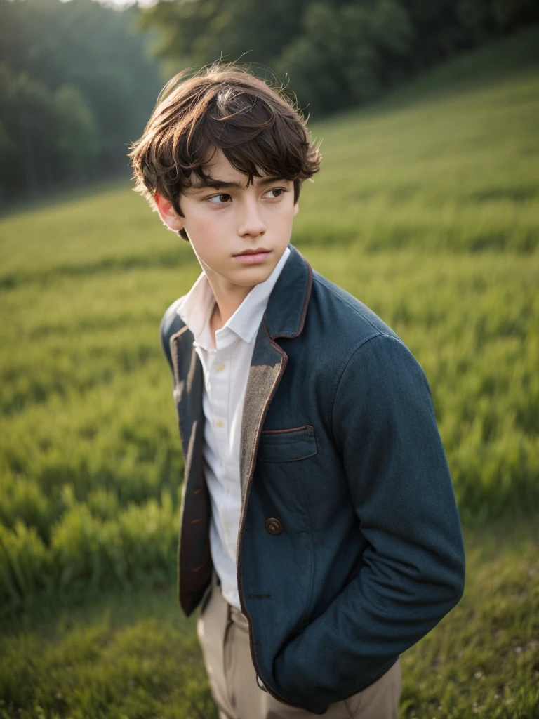 13 year old pensive melancholic boy in the field under stubborn rain male with light brown hair clothes 1800s French
