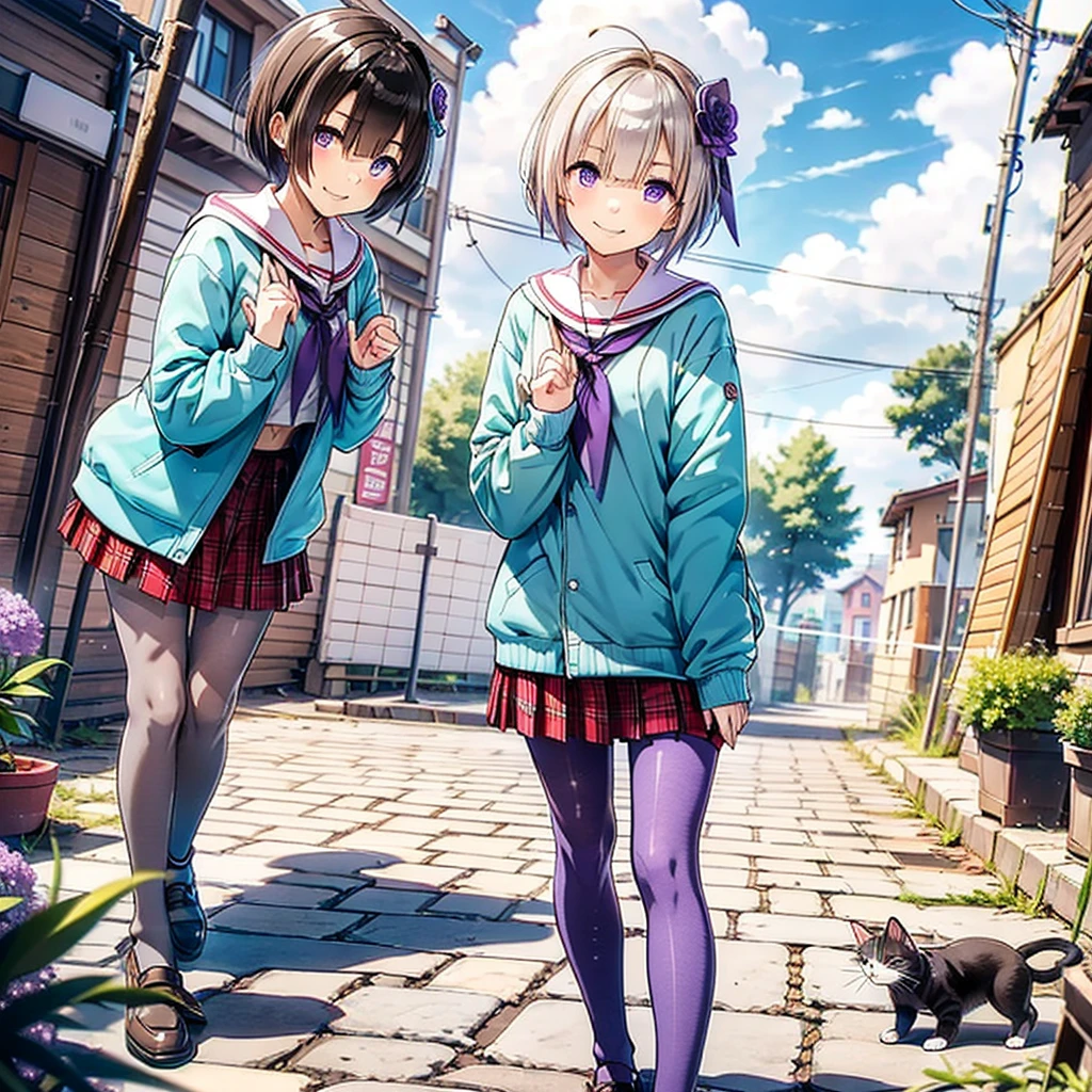 Absurd, Very detailed,Bright colors,(8k:1.5),Masseter region,Bright landscape, blue sky、Beautifully detailed face and eyes,(Purple eyes:1.4) 、Pink Skin、Summer Morning、Back alleys filled with flowers、Alone,(Cat Pose),smile,skirt、pantyhose、short hair、Plaidskirt、Plaid、Purple Eyes、、Ahoge、hair ornaments、loafers、プリーツskirt、白pantyhose、neckerchief、Serafuku、赤いskirt、Long sleeve、Sailor collar、Gray Hair、