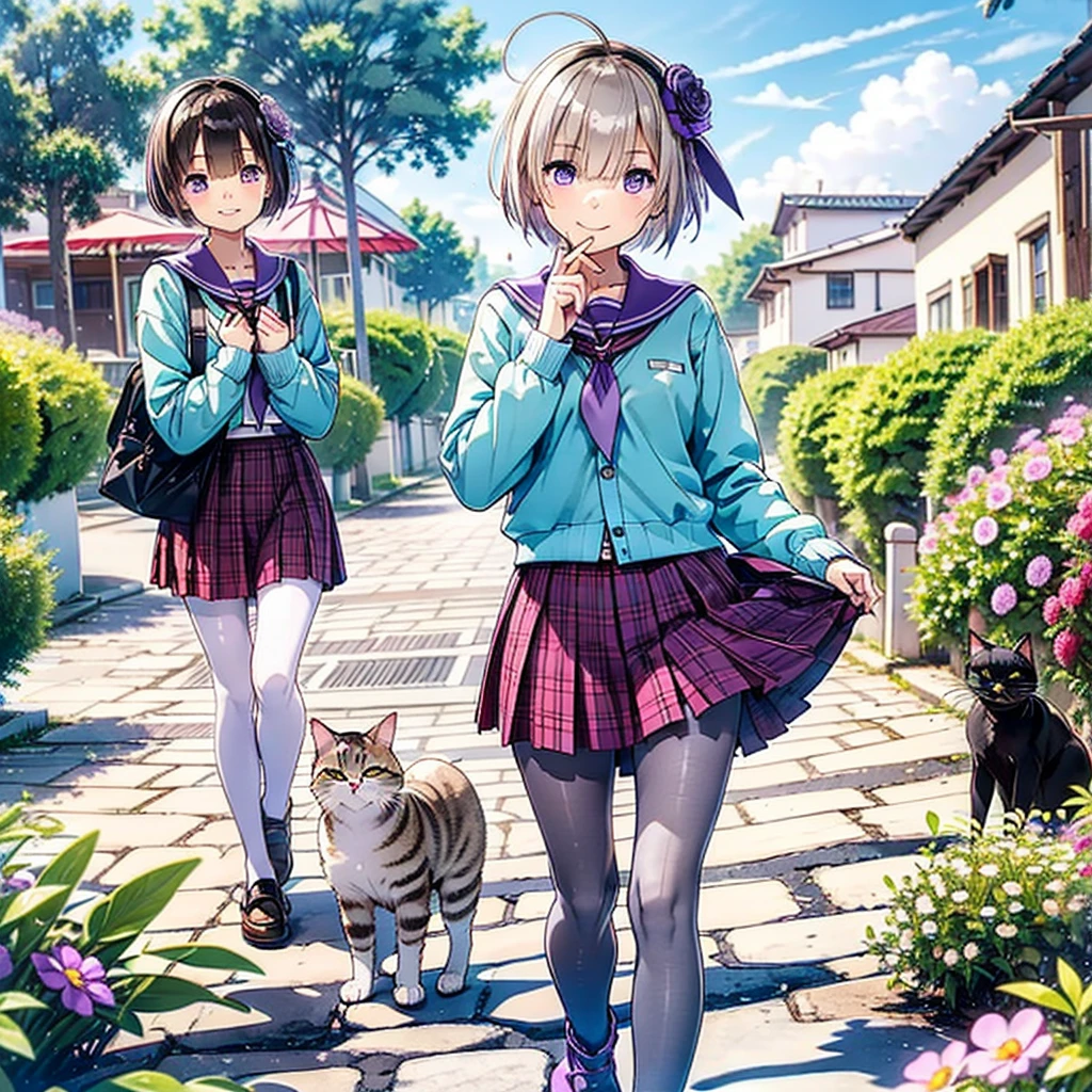 Absurd, Very detailed,Bright colors,(8k:1.5),Masseter region,Bright landscape, blue sky、Beautifully detailed face and eyes,(Purple eyes:1.4) 、Pink Skin、Summer Morning、Back alleys filled with flowers、Alone,(Cat Pose),smile,skirt、pantyhose、short hair、Plaidskirt、Plaid、Purple Eyes、、Ahoge、hair ornaments、loafers、プリーツskirt、白pantyhose、neckerchief、Serafuku、赤いskirt、Long sleeve、Sailor collar、Gray Hair、