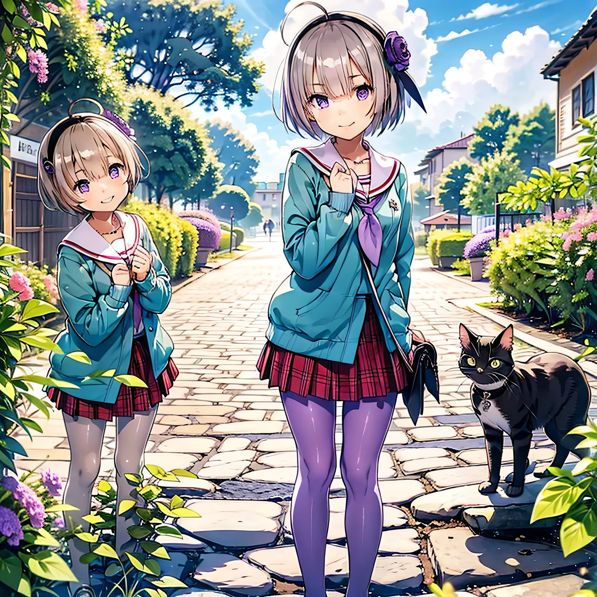 Absurd, Very detailed,Bright colors,(8k:1.5),Masseter region,Bright landscape, blue sky、Beautifully detailed face and eyes,(Purple eyes:1.4) 、Pink Skin、Summer Morning、Back alleys filled with flowers、(Cat Pose),smile,skirt、pantyhose、short hair、Plaidskirt、Plaid、Purple Eyes、、Ahoge、hair ornaments、loafers、プリーツskirt、白pantyhose、neckerchief、Serafuku、赤いskirt、Long sleeve、Sailor collar、Gray Hair、