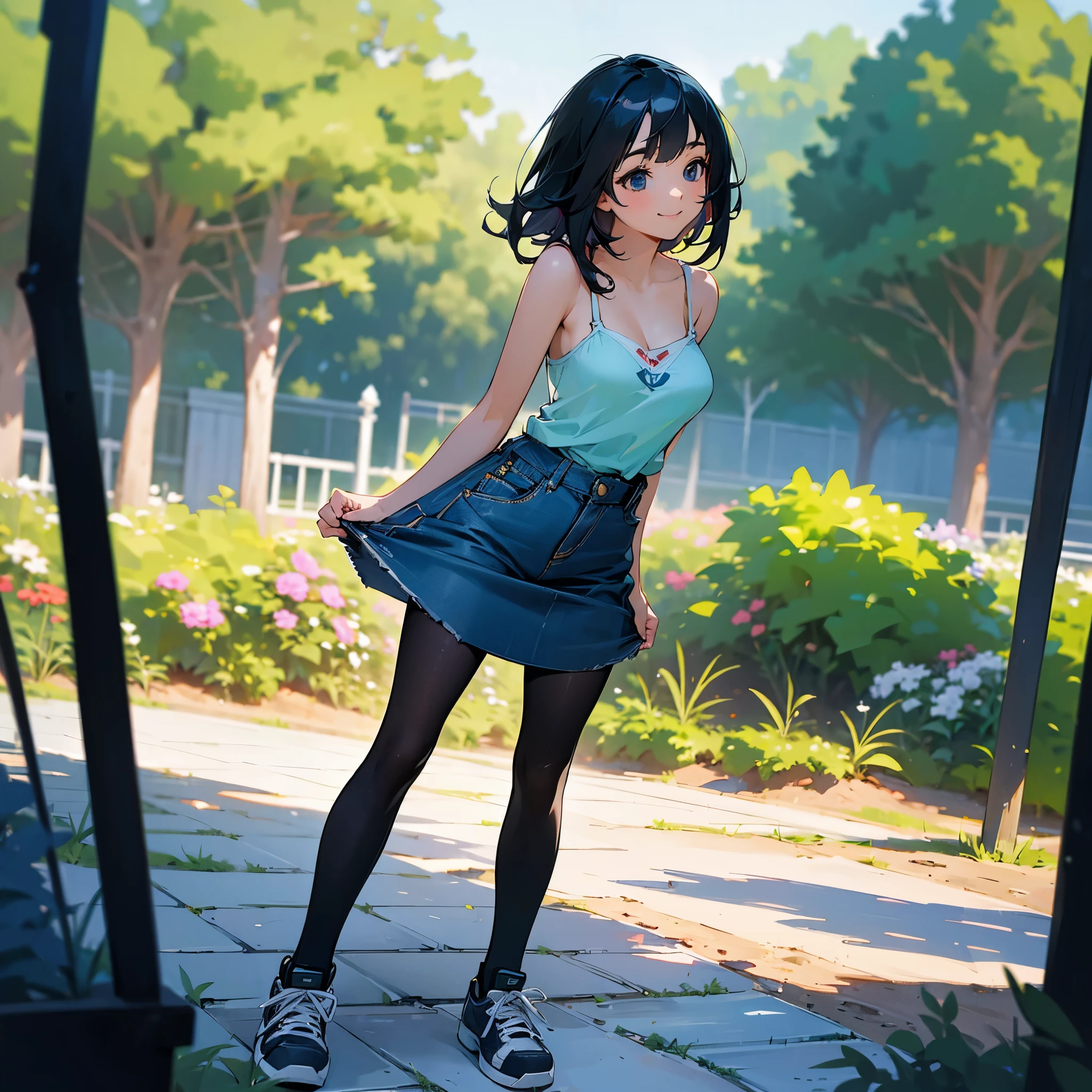 (high quality, High resolution, Very detailed, reality:1.37), Peaceful atmosphere, (Outdoor, garden), age girl standing alone, (my breasts are big.), Beautiful details, Cute Smile, (Black bob hair), camisole, Denim skirt, Black tights, sneakers.