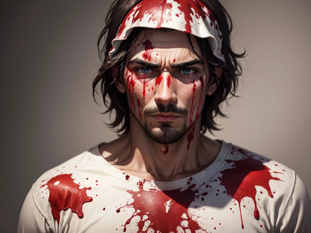 Man face was covered in blood, with a confused look