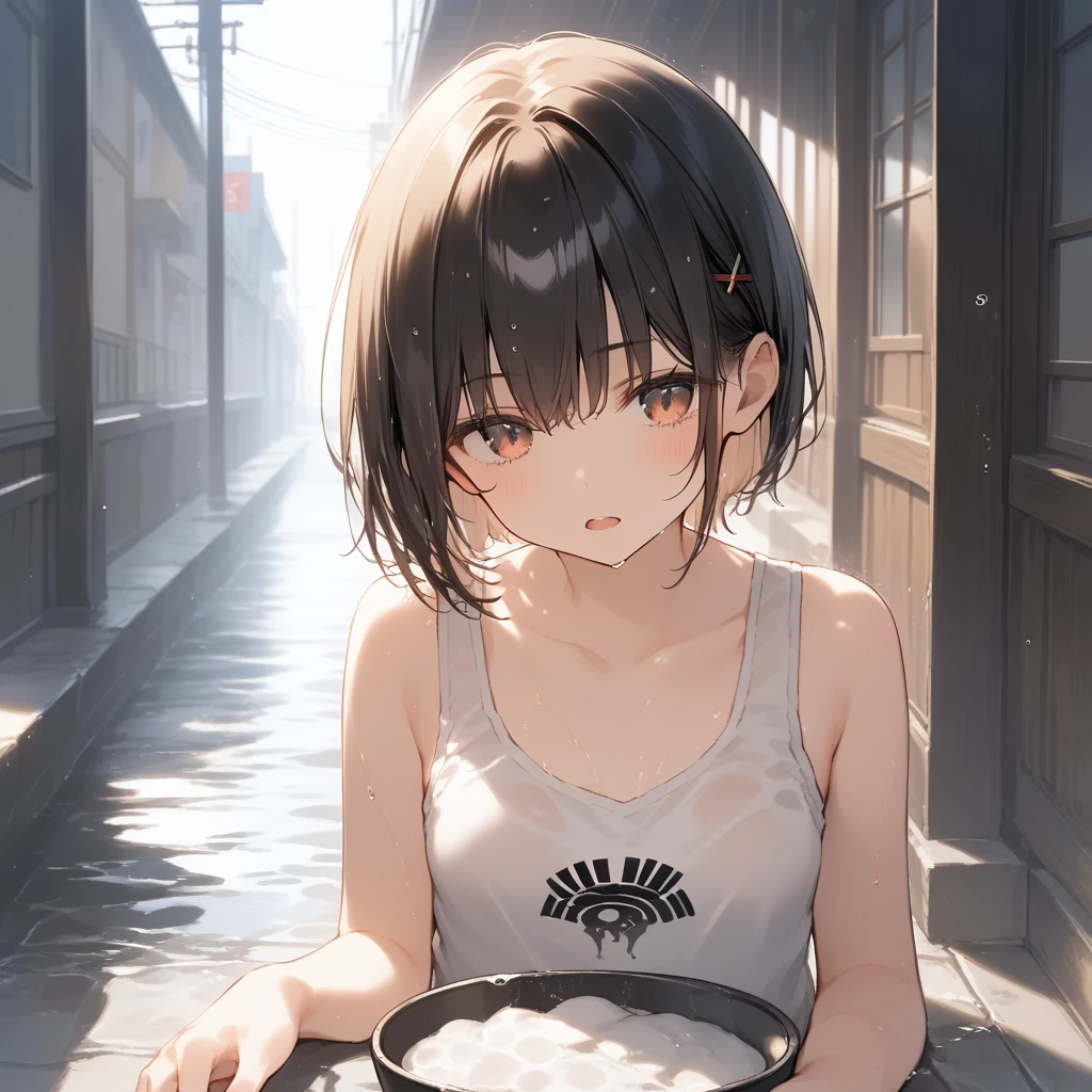score_9, score_8_up, score_7_up, source_anime, best quality, masterpiece, official art, absurdres, highres, ultra-detailed,waifu2x,Collection: Slice of Life,break,1girl, very short hair, bowl cut, small breasts, beautiful detailed eyes, expressionless, open mouth, (yawn:0.3), wet, tank top, shorts, sleepily, rainy, outdoors, break,(clear line illustration:1.2), super detailed skin,very high resolution, very aesthetic, Best sexual lighting powered by famous artist, 8k,cute picture,beauty illustration,photoshop_(medium),,(Detailed Lighting),best anime 8k konachan wallpaper, pixiv contest winner,