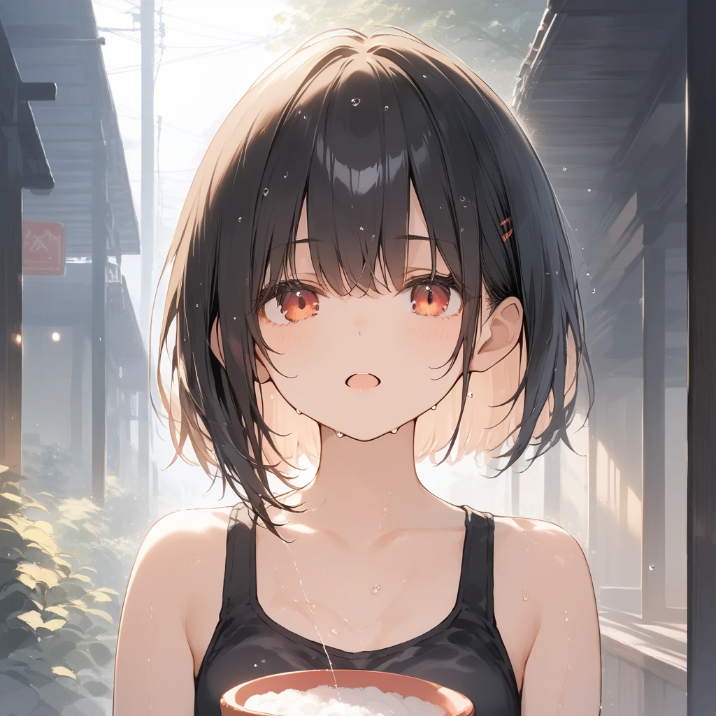 score_9, score_8_up, score_7_up, source_anime, best quality, masterpiece, official art, absurdres, highres, ultra-detailed,waifu2x,Collection: Slice of Life,break,1girl, very short hair, bowl cut, small breasts, beautiful detailed eyes, expressionless, open mouth, (yawn:0.3), wet, tank top, shorts, sleepily, rainy, outdoors, break,(clear line illustration:1.2), super detailed skin,very high resolution, very aesthetic, Best sexual lighting powered by famous artist, 8k,cute picture,beauty illustration,photoshop_(medium),,(Detailed Lighting),best anime 8k konachan wallpaper, pixiv contest winner, 