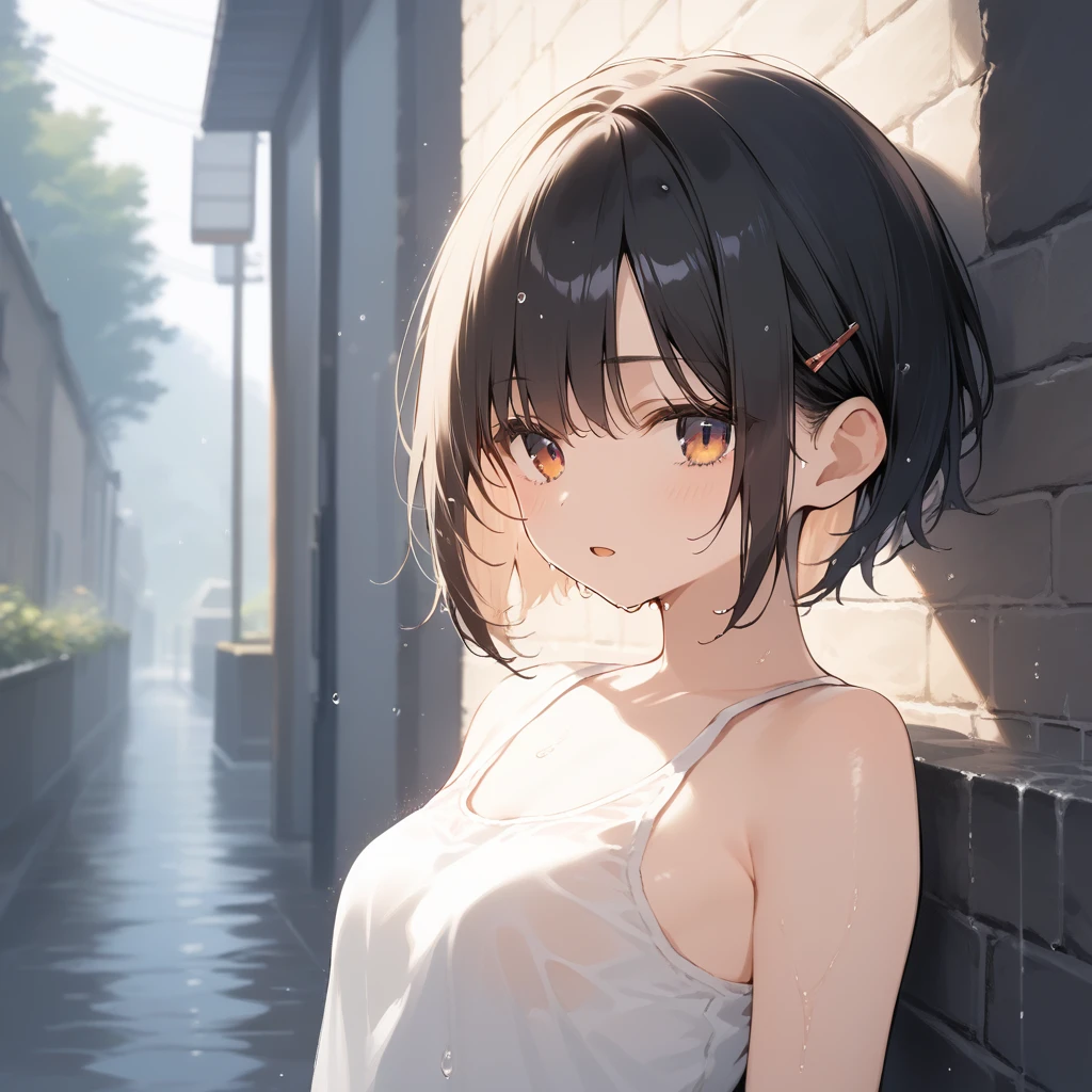 score_9, score_8_up, score_7_up, source_anime, best quality, masterpiece, official art, absurdres, highres, ultra-detailed,waifu2x,Collection: Slice of Life,break,1girl, tomboy, very short hair, bob cut, small breasts, beautiful detailed eyes, expressionless, open mouth, (yawn:0.3), wet, see-through shirt, nipple, sleepily, rainy, outdoors, against wall,, break,(clear line illustration:1.2), super detailed skin,very high resolution, very aesthetic, Best sexual lighting powered by famous artist, 8k,cute picture,beauty illustration,photoshop_(medium),,(Detailed Lighting),best anime 8k konachan wallpaper, pixiv contest winner,