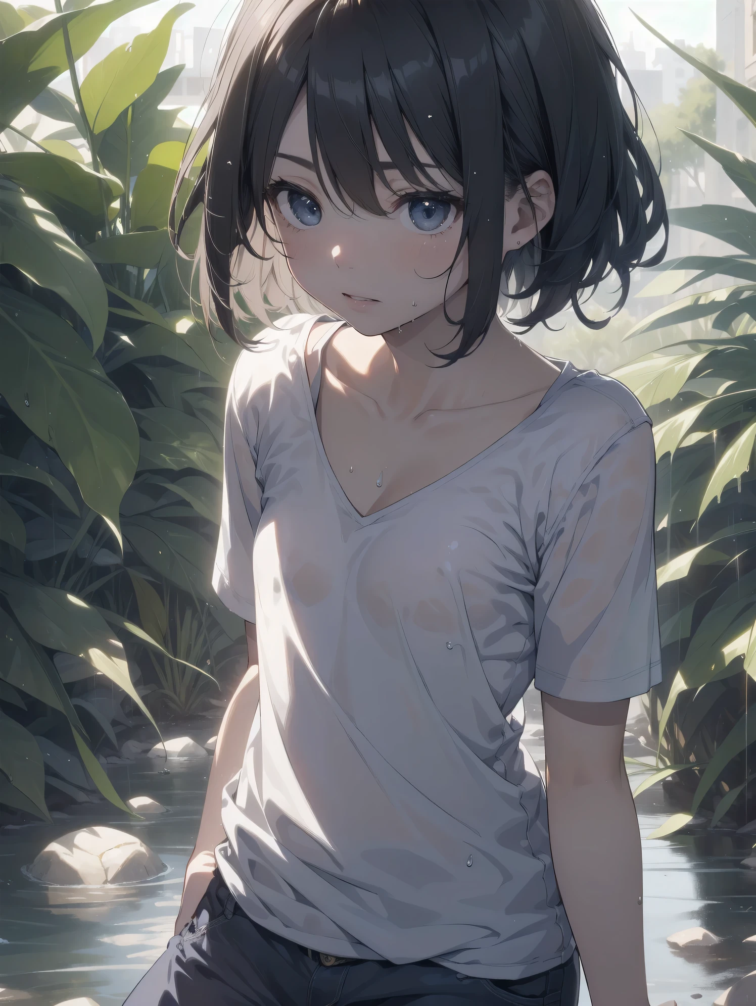 ultra-absurdres-Top quality by artist God, ultra-detailed, high resolution, anime moe artstyle, best anime 8k konachan wallpaper, pixiv contest winner, pool:2810, perfect anatomy,break, 1girl, (Please draw a girl standing wet body sleepily in rain. )break,(Solo,little female, 11-year-old:1.3),Full limbs, complete fingers,a junior high school student, (very short hair), short cut, flat chest,groin, small butt, small black eyes, beautiful detailed eyes, well-proportioned iris and pupils, expressive eyes, highres detailed hair, wet, soft expression, tank top, shorts, Soft thighs,(Detailed Lighting), (Detailed background), forest, outdoors. break,super detailed skin, shiny skin, Best sexuall lighting powered by famous artist, 8k,beauty illustration,photoshop_(medium),very aesthetic,break,((artist:fujima_takuya )), artist:clamp ,artist:carnelian ,artist:kantoku ,