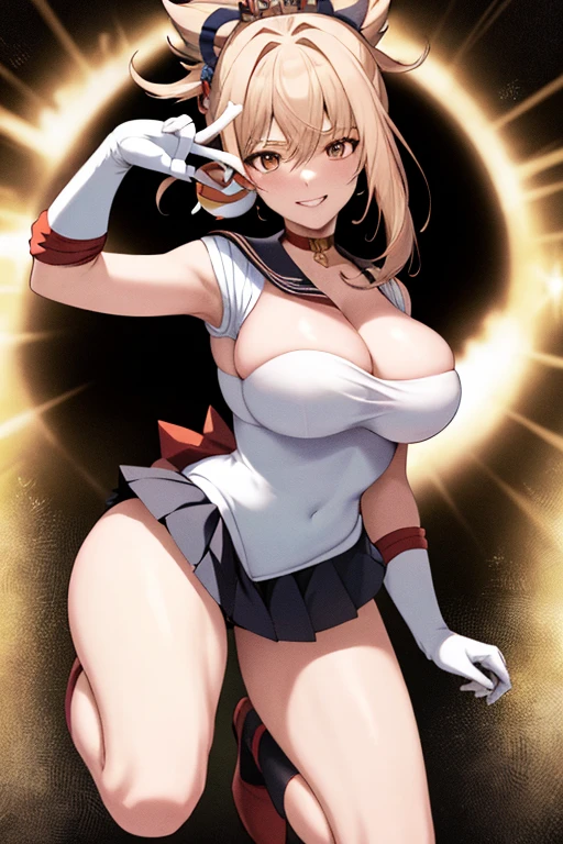 masterpiece, high definition, best quality, rendered art, well formed hands, fingers and body, 1 woman, solo, Yoimiya , adult, grown up, wearing Sailor Moon's outfit, big breasted, cleavage, full body, sexy sailor senshi uniform, short blue skirt, red boots, gorgeous hips, legs and thighs, blond, white elbow gloves, sailor collar, tiara, earrings, fighting in a combat match, showing her fighting skills, making her guard, about to hit the viewer, looking at the viewer,   sweating, bouncing breasts, smiling joyfully and brightly, being confident and proud, action and fighting scene, fighting cage on beach environment.                          