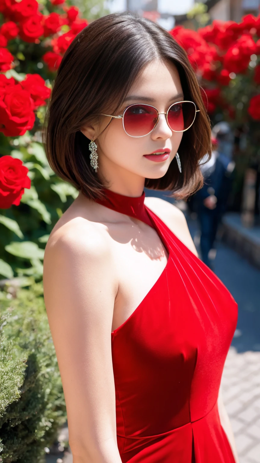 ((Highest quality, 8k, masterpiece:1.3、real:1.3))、Beautiful woman、Japanese、real、Fashion Photography、snapshot、、Red tight dress、sunglasses、full body、Tokyo