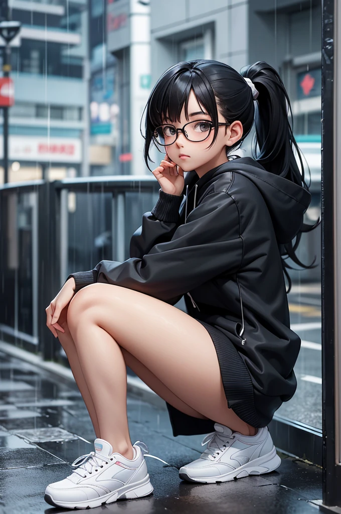 a anime girl in glasses and a hoodie sitting in the rain holding her arm, 1girl, solo, glasses, shoes, hood, blurry, blurry background, ponytail, sneakers, sitting, looking at viewer, rain, round eyewear, black hair, hood down, long hair, hoodie, long sleeves, depth of field, black-framed eyewear, bangs, night, from side, white footwear, outdoors, closed mouth, sidelocks