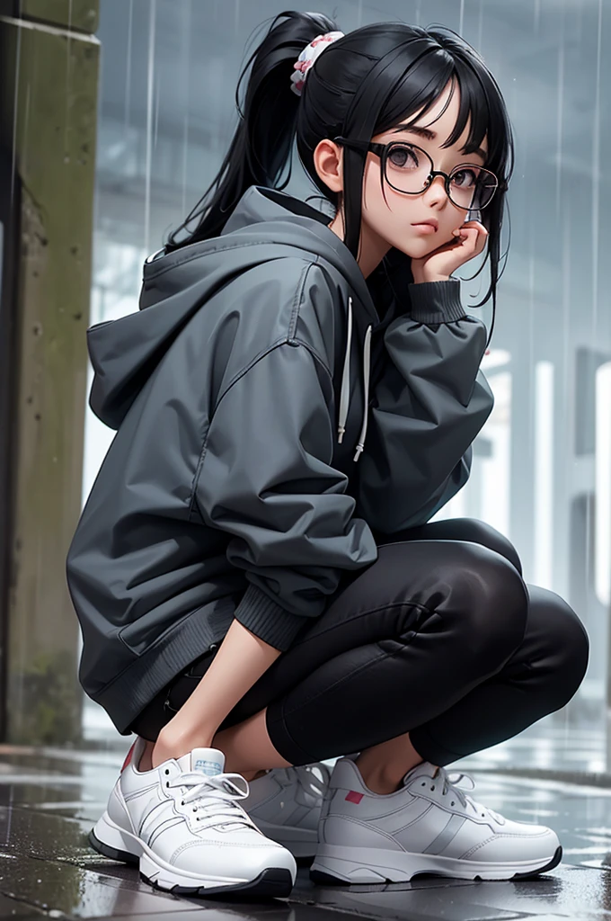 a anime girl in glasses and a hoodie sitting in the rain holding her arm, 1girl, solo, glasses, shoes, hood, blurry, blurry background, ponytail, sneakers, sitting, looking at viewer, rain, round eyewear, black hair, hood down, long hair, hoodie, long sleeves, depth of field, black-framed eyewear, bangs, night, from side, white footwear, outdoors, closed mouth, sidelocks