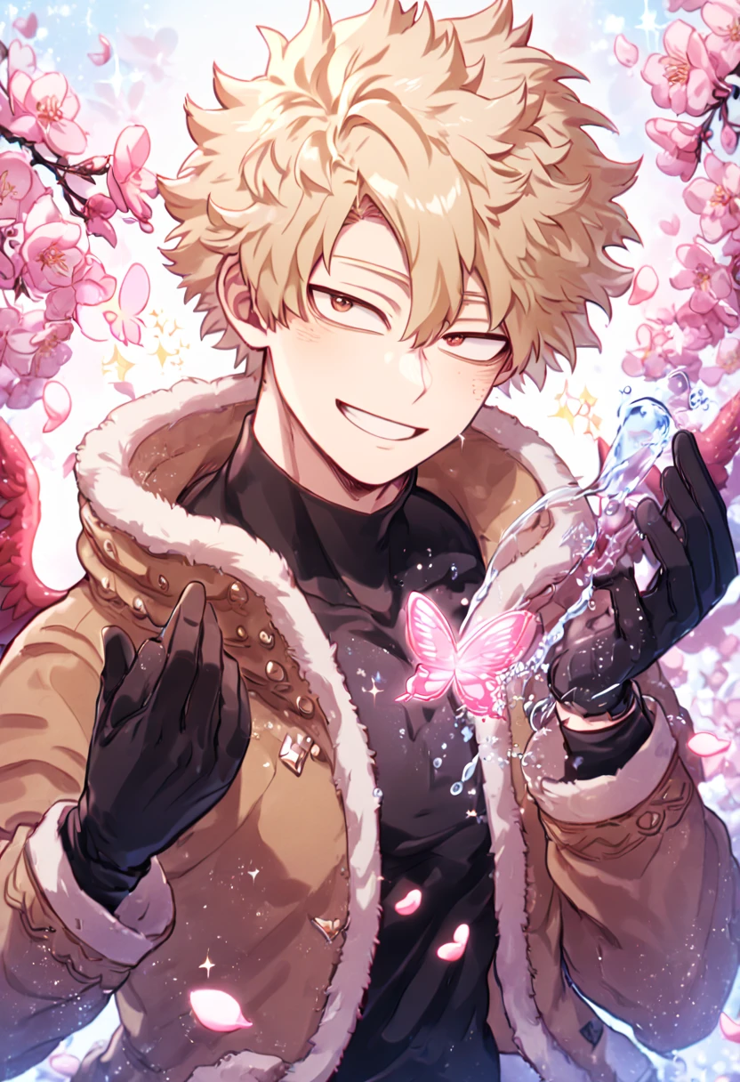 absurdres, highres, ultra detailed, HDR, master piece, best quality, Hakws, ash-blonde hair, expressive golden-brown eyes, faint stubble, red wings on his back, Boku No Hero Academia, solo, sexy man, handsome, smile, brown jacket with fur collar, black tight shirt with patterns, black gloves, red piercing, water, fantasy, magical, shining, pink flowers, pink blossoms, pink petals, pink butterflies, sparkling glass