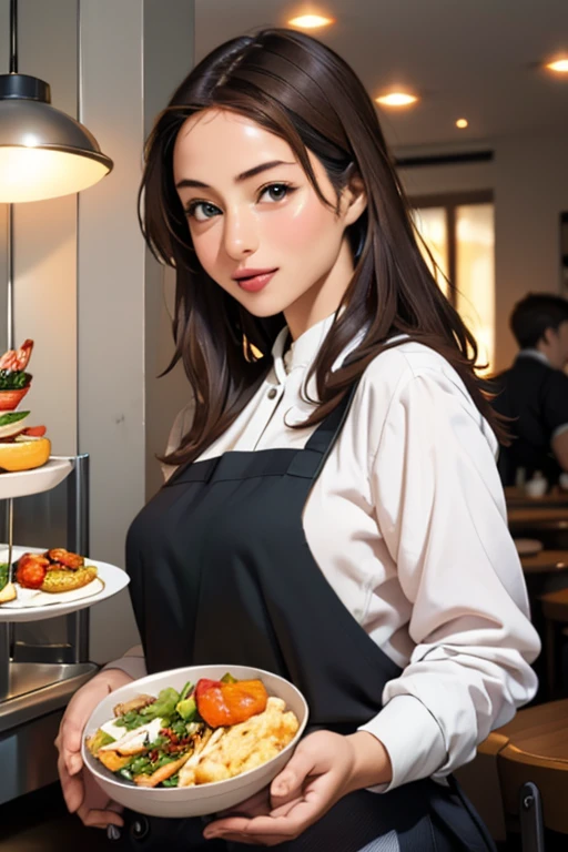 Highest quality　High resolution　Simple　French Restaurant　Cute waitress　Carrying food