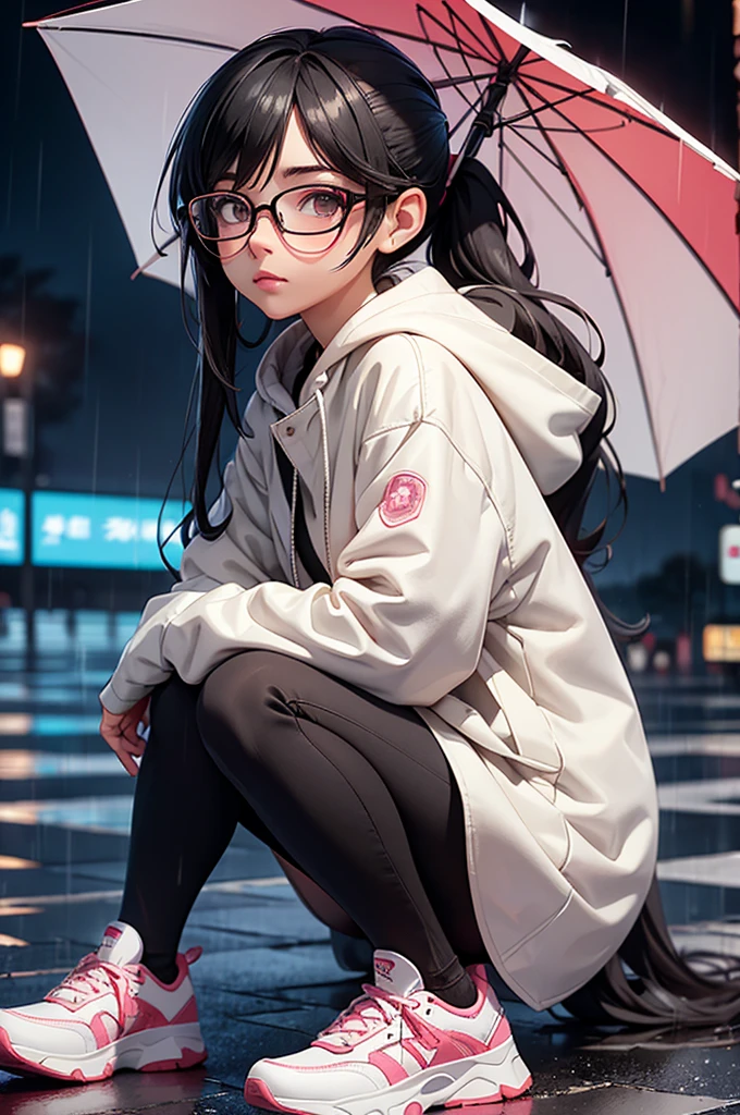 person in the rain with an umbrella anime girl with glasses and a jacket, girl with glasses, glasses anime, anime girls, person anime girls, animes on pc, anime artwork, girl with glasses, kawaii art, cute art, anime, 1girl, solo, glasses, shoes, hood, blurry, blurry background, ponytail, sneakers, sitting, looking at viewer, rain, round eyewear, black hair, hood down, long hair, hoodie, long sleeves, depth of field, black-framed eyewear, bangs, night, from side, white footwear, outdoors, closed mouth, sidelocks