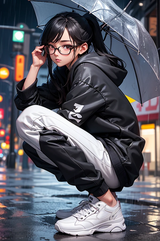 person in the rain with an umbrella anime girl with glasses and a jacket, girl with glasses, glasses anime, anime girls, person anime girls, animes on pc, anime artwork, girl with glasses, kawaii art, cute art, anime, 1girl, solo, glasses, shoes, hood, blurry, blurry background, ponytail, sneakers, sitting, looking at viewer, rain, round eyewear, black hair, hood down, long hair, hoodie, long sleeves, depth of field, black-framed eyewear, bangs, night, from side, white footwear, outdoors, closed mouth, sidelocks
