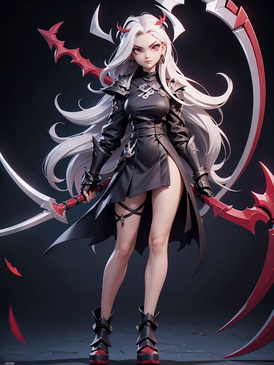 (((Masterpiece, best quality, 16k))) female character with long white hair and piercing red eyes. She wears a demonic armor in purple, black, and white. wields a large, stylized scythe. The character has a menacing expression, with a chaotic environment as the background. ((full body front view)). ((slender)), (extremely detailed:1.5), (long white hair:1.2), (piercing red eyes:1.2), (chaotic environment:1.1), (demonic armor:1.3), (stylized scythe:1.3).