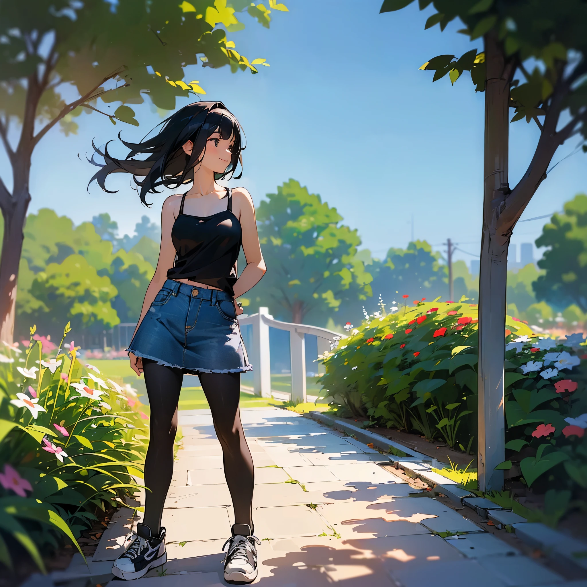 (high quality, High resolution, Very detailed, reality:1.37), Peaceful atmosphere, (Outdoor, garden), Teenage girl standing alone, (my breasts are big.), Beautiful details, Cute Smile, (Black bob hair), camisole, Denim skirt, Black tights, sneakers.