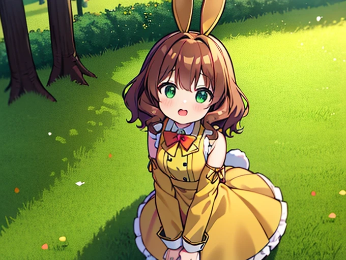 rabbit demi-human girl,  Brown-curly-hair, green eyes, wearing a yellow dress with longs sleeves and red bowtie. (rabbit), (rabbit tail), :3 (anime), (forest background), (HD, 4K)
