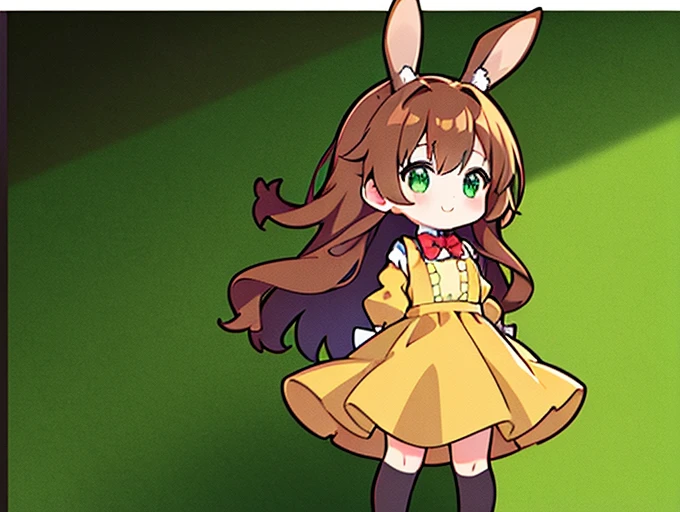 rabbit demi-human girl, Brown-curly-hair, green eyes, wearing a yellow dress with longs sleeves and red bowtie. (rabbit), (rabbit tail), :3 (anime), (forest background), (HD, 4K)