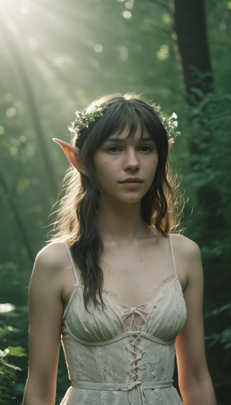 analog film photo, photo of a young elf girl, 18 years-old, elf, elf ears, long pointy ears, dark shaggy hair, sun-kissed complexion, goosebumps, pretty, natural beauty, tall, full hourglass figure, wearing a cotton bralette, posing in a misty forest, resembles a young Cate Blanchett, RAW Photograph, dslr, soft lighting, high quality, film grain, Fujifilm XT3, detailed skin with visible pores, insane details, masterpiece, 8k, 35mm photograph, dslr, kodachrome, faded film, desaturated, grainy, vintage, Lomography, stained, highly detailed, found footage, close-up shot, elven ears