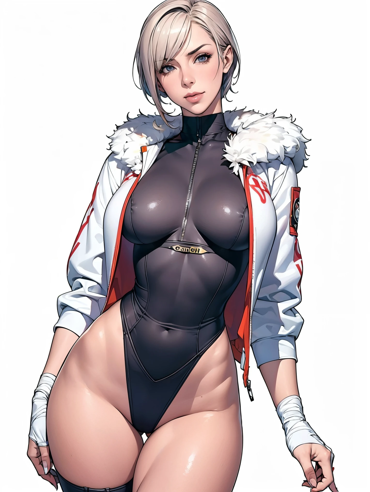 (((Annie Lennox))), (((colorful suit))), (scars), (((bandaged arms))), (((colorful clothes))) (( hood)), (((best quality: 1.4))), (Unbeatable masterpiece), (hyper HD),(CG 8k hyper-realistic), beautiful face, (((breasts big))), (((hyper feminine))), sexly girl, black tattoo,(ultra short red hair with white highlights)), ((( sculptural body ))), (((1 Kizi))), Kizi tatuada de 25 anos com perfect body,,Beautiful and well-groomed face,muscular body:1.2,solid color detailed jacket, (Head to thigh photos), Complex equipment, ,Tight clothes,With white stars and off-white stripes,,,,,Armor Metal Electronic Parts, Poison tattoos ) INFO, Kizi, (((standing alone))), , 24歳, sexy, pose de attitude, work of art, dancing, ((slight smile)), post-apocalypse, (((manga style))), bounty hunter, the way you want, perfect body, roupa moderna, advanced technology, white, yellow accent, black, red accent, fur collar jacket, sleeves with vertical striped pattern, background city, (( cowboy shot )). intricate visual, narrow waist, (((wide hips))), wide hips, fit thighs, (((thigh gap))), Thigh gap, background shows a futuristic airplane, open expression, expression happy