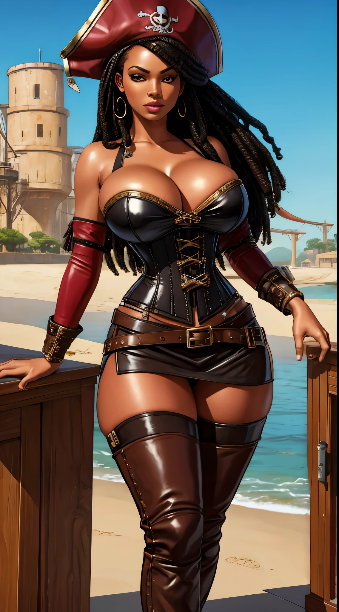 black woman, afrofuturism, sexy, pirate, topless, cleavage, brown leather skirt, corset, far shot