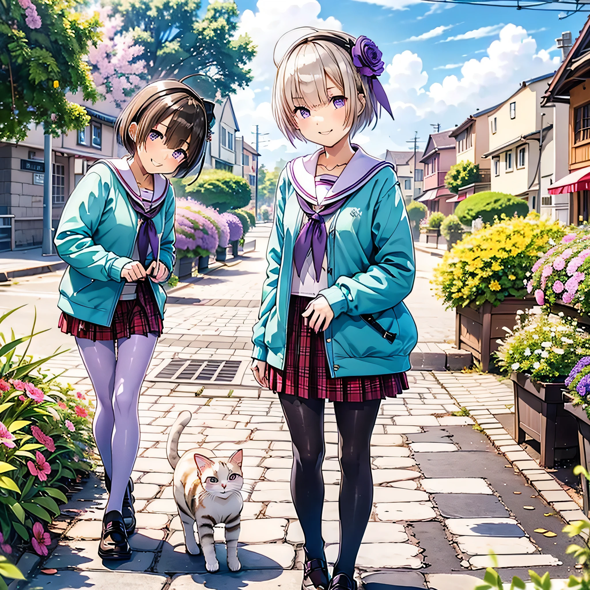 Absurd, Very detailed,Bright colors,(8k:1.5),Masseter region,Bright landscape, blue sky、Beautifully detailed face and eyes,(Purple eyes:1.4) 、Pink Skin、Summer Morning、Back alleys filled with flowers、Alone,(Cat Pose),smile,skirt、pantyhose、short hair、Plaidskirt、Plaid、Purple Eyes、、Ahoge、hair ornaments、loafers、プリーツskirt、白pantyhose、neckerchief、Serafuku、赤いskirt、Long sleeve、Sailor collar、Gray Hair、